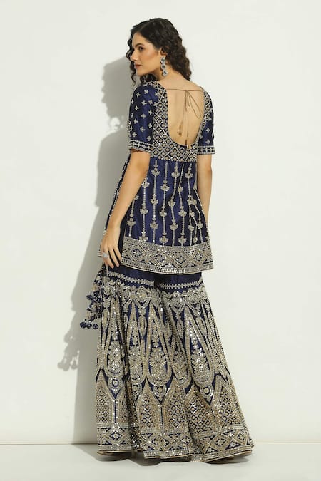 Vandana Sethi Blue Silk, Chiffon Mirrors, Zari Keyhole Neck Embroidered Kurta Gharara Set Online at Aza Fashions Vandana Sethi_Blue Silk, Chiffon Mirrors, Zari Keyhole Neck Embroidered Kurta Gharara Set _Online_at_Aza_Fashions