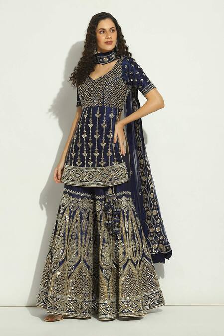 Buy Vandana Sethi Blue Silk, Chiffon Mirrors, Zari Keyhole Neck Embroidered Kurta Gharara Set Online at Aza Fashions Buy_Vandana Sethi_Blue Silk, Chiffon Mirrors, Zari Keyhole Neck Embroidered Kurta Gharara Set _Online_at_Aza_Fashions