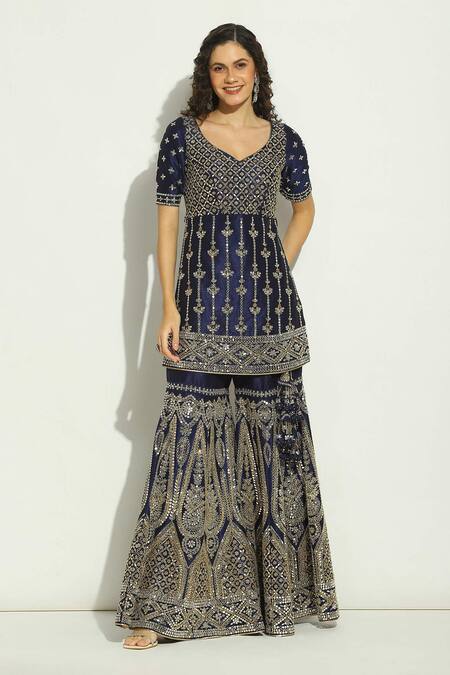 Shop Vandana Sethi Blue Silk, Chiffon Mirrors, Zari Keyhole Neck Embroidered Kurta Gharara Set Online at Aza Fashions Shop_Vandana Sethi_Blue Silk, Chiffon Mirrors, Zari Keyhole Neck Embroidered Kurta Gharara Set _Online_at_Aza_Fashions