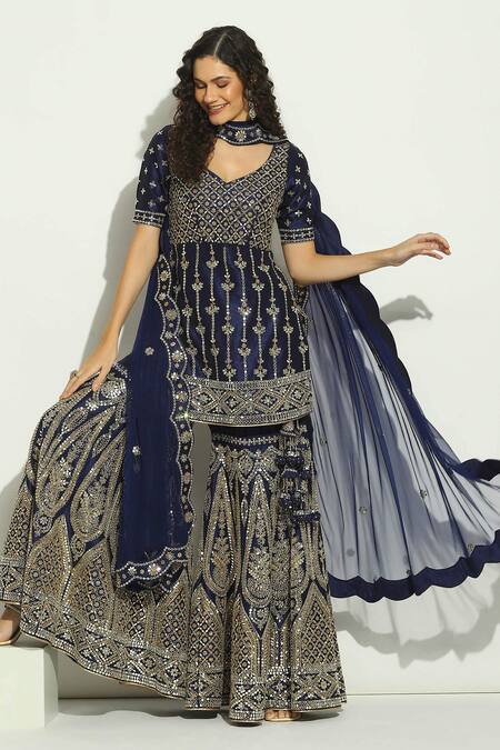 Vandana Sethi Blue Silk, Chiffon Mirrors, Zari Keyhole Neck Embroidered Kurta Gharara Set at Aza Fashions Vandana Sethi_Blue Silk, Chiffon Mirrors, Zari Keyhole Neck Embroidered Kurta Gharara Set _at_Aza_Fashions