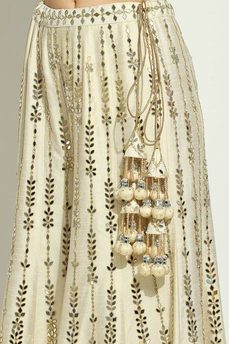 Buy_Vandana Sethi_Ivory Silk Crystals, Tassels, Zari V-neck Embroidered Blouse Sharara Set 
