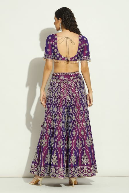 Vandana Sethi Purple Silk Embroidery, Crystals, Mirrors, Zari V-neck Work Blouse Sharara Set Online at Aza Fashions Vandana Sethi_Purple Silk Embroidery, Crystals, Mirrors, Zari V-neck Work Blouse Sharara Set _Online_at_Aza_Fashions