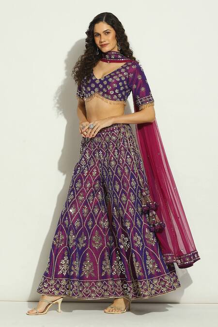 Buy Vandana Sethi Purple Silk Embroidery, Crystals, Mirrors, Zari V-neck Work Blouse Sharara Set Online at Aza Fashions Buy_Vandana Sethi_Purple Silk Embroidery, Crystals, Mirrors, Zari V-neck Work Blouse Sharara Set _Online_at_Aza_Fashions