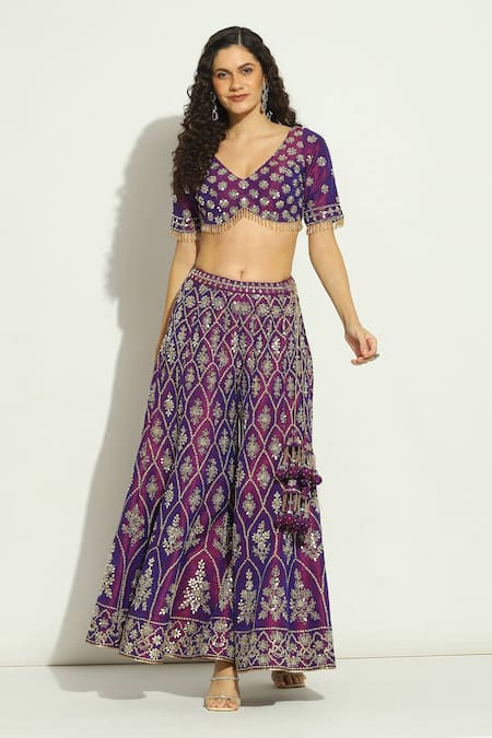 Shop Vandana Sethi Purple Silk Embroidery, Crystals, Mirrors, Zari V-neck Work Blouse Sharara Set Online at Aza Fashions Shop_Vandana Sethi_Purple Silk Embroidery, Crystals, Mirrors, Zari V-neck Work Blouse Sharara Set _Online_at_Aza_Fashions