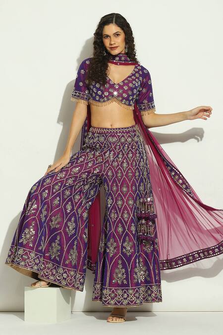 Vandana Sethi Purple Silk Embroidery, Crystals, Mirrors, Zari V-neck Work Blouse Sharara Set at Aza Fashions Vandana Sethi_Purple Silk Embroidery, Crystals, Mirrors, Zari V-neck Work Blouse Sharara Set _at_Aza_Fashions