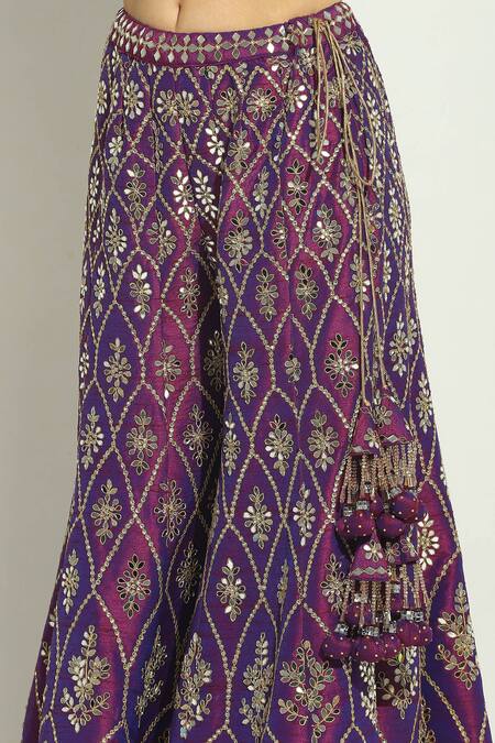 Buy Vandana Sethi Purple Silk Embroidery, Crystals, Mirrors, Zari V-neck Work Blouse Sharara Set Buy_Vandana Sethi_Purple Silk Embroidery, Crystals, Mirrors, Zari V-neck Work Blouse Sharara Set