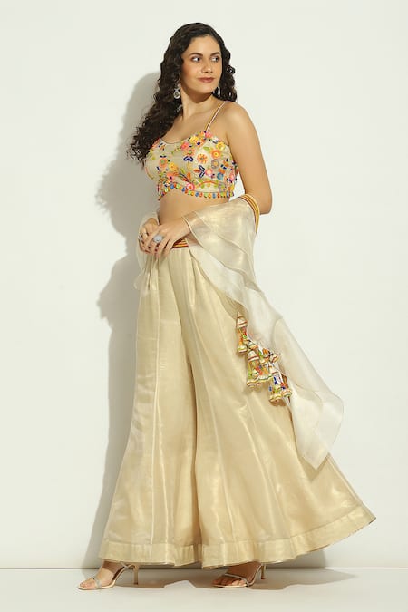 Shop Vandana Sethi Gold Organza Beads, Sequins, Embroidery Sweetheart Neck Work Blouse Sharara Set Online at Aza Fashions Shop_Vandana Sethi_Gold Organza Beads, Sequins, Embroidery Sweetheart Neck Work Blouse Sharara Set _Online_at_Aza_Fashions