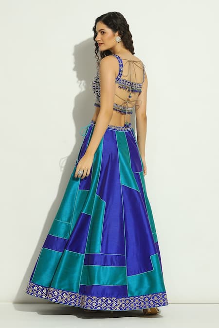 Vandana Sethi Blue Silk, Chiffon Beads, Embroidery Scoop Neck Patchwork Lehenga Set Online at Aza Fashions Vandana Sethi_Blue Silk, Chiffon Beads, Embroidery Scoop Neck Patchwork Lehenga Set _Online_at_Aza_Fashions