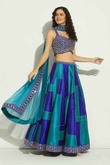 Buy Vandana Sethi Blue Silk, Chiffon Beads, Embroidery Scoop Neck Patchwork Lehenga Set Online at Aza Fashions Buy_Vandana Sethi_Blue Silk, Chiffon Beads, Embroidery Scoop Neck Patchwork Lehenga Set _Online_at_Aza_Fashions
