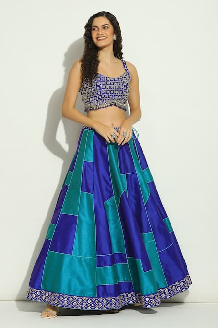 Shop Vandana Sethi Blue Silk, Chiffon Beads, Embroidery Scoop Neck Patchwork Lehenga Set Online at Aza Fashions Shop_Vandana Sethi_Blue Silk, Chiffon Beads, Embroidery Scoop Neck Patchwork Lehenga Set _Online_at_Aza_Fashions