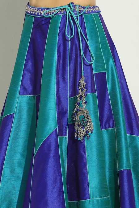 Vandana Sethi Blue Silk, Chiffon Beads, Embroidery Scoop Neck Patchwork Lehenga Set at Aza Fashions Vandana Sethi_Blue Silk, Chiffon Beads, Embroidery Scoop Neck Patchwork Lehenga Set _at_Aza_Fashions