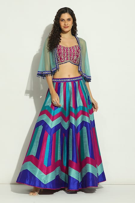 Vandana Sethi Blue Silk, Chiffon Beads Chevron Patchwork Embroidered Lehenga Set With Shrug