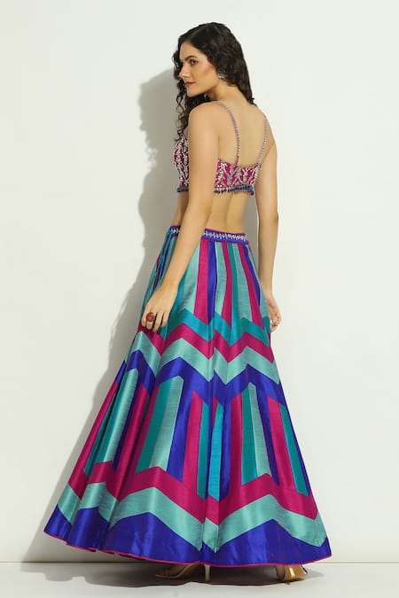 Vandana Sethi Blue Silk, Chiffon Beads Chevron Patchwork Embroidered Lehenga Set With Shrug Online at Aza Fashions Vandana Sethi_Blue Silk, Chiffon Beads Chevron Patchwork Embroidered Lehenga Set With Shrug _Online_at_Aza_Fashions