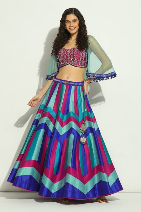 Buy Vandana Sethi Blue Silk, Chiffon Beads Chevron Patchwork Embroidered Lehenga Set With Shrug Online at Aza Fashions Buy_Vandana Sethi_Blue Silk, Chiffon Beads Chevron Patchwork Embroidered Lehenga Set With Shrug _Online_at_Aza_Fashions