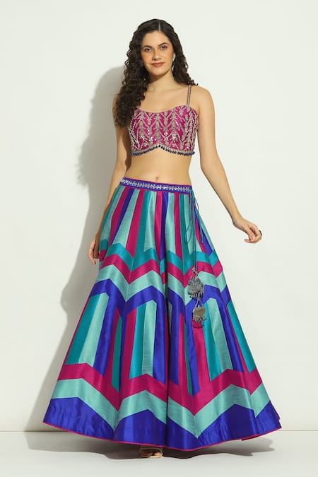 Shop Vandana Sethi Blue Silk, Chiffon Beads Chevron Patchwork Embroidered Lehenga Set With Shrug Online at Aza Fashions Shop_Vandana Sethi_Blue Silk, Chiffon Beads Chevron Patchwork Embroidered Lehenga Set With Shrug _Online_at_Aza_Fashions