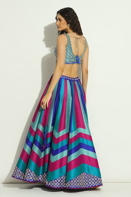 Vandana Sethi Blue Silk Beads, Embroidery Boat Neck Chevron Pattern Lehenga Set Online at Aza Fashions Vandana Sethi_Blue Silk Beads, Embroidery Boat Neck Chevron Pattern Lehenga Set _Online_at_Aza_Fashions