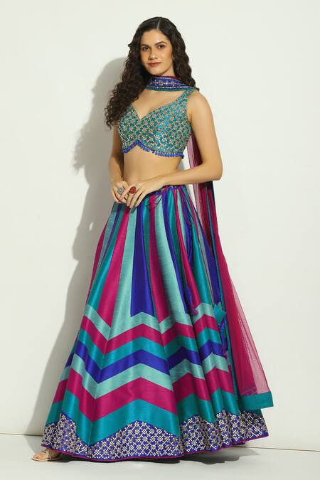 Buy Vandana Sethi Blue Silk Beads, Embroidery Boat Neck Chevron Pattern Lehenga Set Online at Aza Fashions Buy_Vandana Sethi_Blue Silk Beads, Embroidery Boat Neck Chevron Pattern Lehenga Set _Online_at_Aza_Fashions