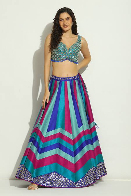 Shop Vandana Sethi Blue Silk Beads, Embroidery Boat Neck Chevron Pattern Lehenga Set Online at Aza Fashions Shop_Vandana Sethi_Blue Silk Beads, Embroidery Boat Neck Chevron Pattern Lehenga Set _Online_at_Aza_Fashions