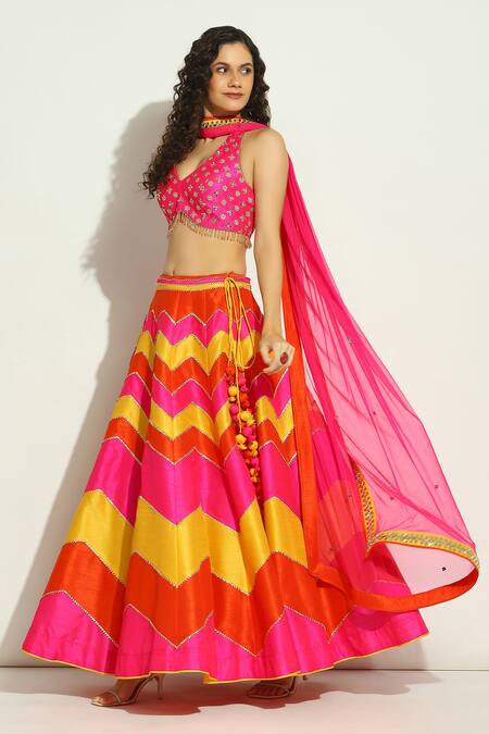 Buy_Vandana Sethi_Multi Color Silk, Chiffon Beads, Embroidery Halter Neck Chevron Lehenga Set _Online_at_Aza_Fashions