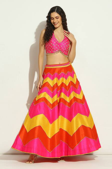 Shop_Vandana Sethi_Multi Color Silk, Chiffon Beads, Embroidery Halter Neck Chevron Lehenga Set _Online_at_Aza_Fashions