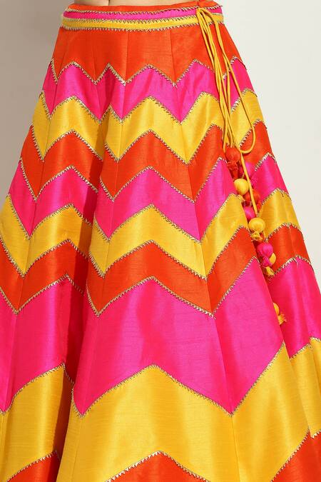 Vandana Sethi_Multi Color Silk, Chiffon Beads, Embroidery Halter Neck Chevron Lehenga Set _at_Aza_Fashions