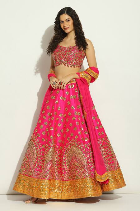 Buy Vandana Sethi Fuchsia Silk Beads, Tassels Sweetheart Neck Gota Work Bridal Lehenga Set Online at Aza Fashions Buy_Vandana Sethi_Fuchsia Silk Beads, Tassels Sweetheart Neck Gota Work Bridal Lehenga Set _Online_at_Aza_Fashions