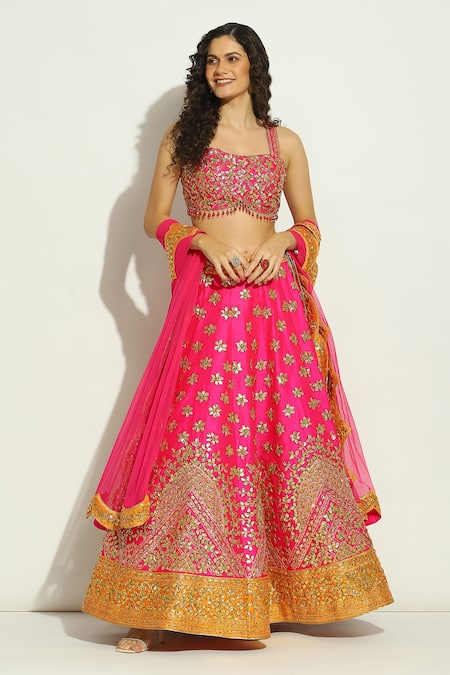 Shop Vandana Sethi Fuchsia Silk Beads, Tassels Sweetheart Neck Gota Work Bridal Lehenga Set Online at Aza Fashions Shop_Vandana Sethi_Fuchsia Silk Beads, Tassels Sweetheart Neck Gota Work Bridal Lehenga Set _Online_at_Aza_Fashions