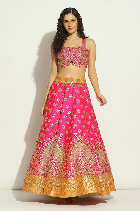 Vandana Sethi Fuchsia Silk Beads, Tassels Sweetheart Neck Gota Work Bridal Lehenga Set at Aza Fashions Vandana Sethi_Fuchsia Silk Beads, Tassels Sweetheart Neck Gota Work Bridal Lehenga Set _at_Aza_Fashions