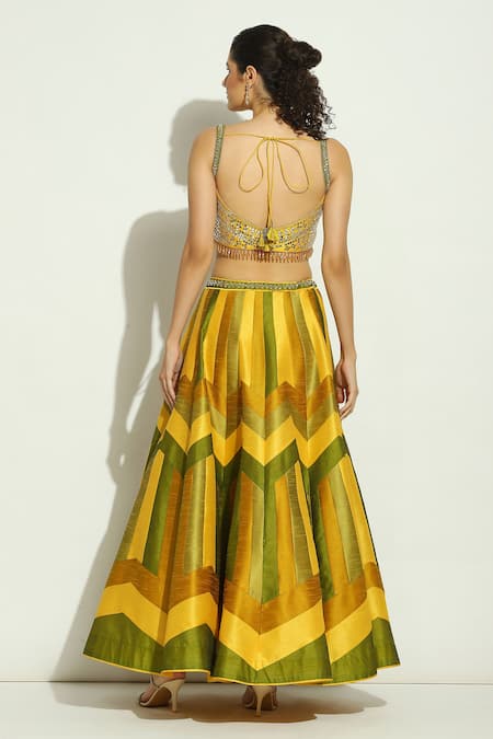 Vandana Sethi Yellow Silk Crystals, Applique, Mirrors, Embroidery Stripe Bridal Lehenga Set Online at Aza Fashions Vandana Sethi_Yellow Silk Crystals, Applique, Mirrors, Embroidery Stripe Bridal Lehenga Set _Online_at_Aza_Fashions