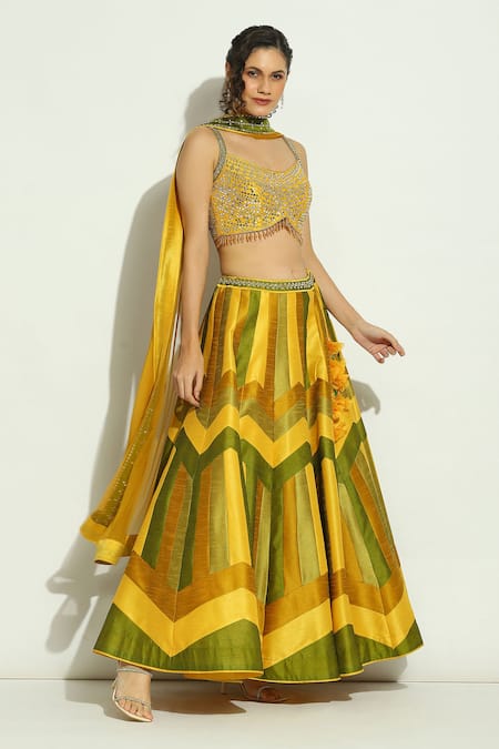 Buy Vandana Sethi Yellow Silk Crystals, Applique, Mirrors, Embroidery Stripe Bridal Lehenga Set Online at Aza Fashions Buy_Vandana Sethi_Yellow Silk Crystals, Applique, Mirrors, Embroidery Stripe Bridal Lehenga Set _Online_at_Aza_Fashions