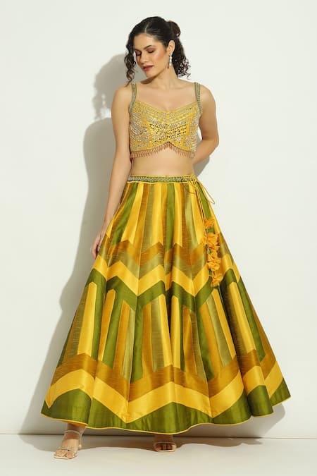 Shop Vandana Sethi Yellow Silk Crystals, Applique, Mirrors, Embroidery Stripe Bridal Lehenga Set Online at Aza Fashions Shop_Vandana Sethi_Yellow Silk Crystals, Applique, Mirrors, Embroidery Stripe Bridal Lehenga Set _Online_at_Aza_Fashions