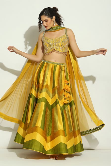 Vandana Sethi Yellow Silk Crystals, Applique, Mirrors, Embroidery Stripe Bridal Lehenga Set at Aza Fashions Vandana Sethi_Yellow Silk Crystals, Applique, Mirrors, Embroidery Stripe Bridal Lehenga Set _at_Aza_Fashions