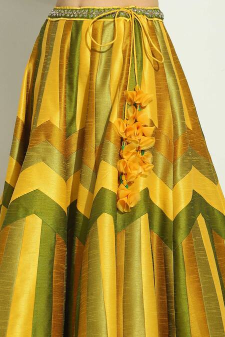 Buy Vandana Sethi Yellow Silk Crystals, Applique, Mirrors, Embroidery Stripe Bridal Lehenga Set Buy_Vandana Sethi_Yellow Silk Crystals, Applique, Mirrors, Embroidery Stripe Bridal Lehenga Set