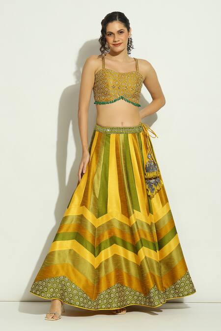 Buy Vandana Sethi Yellow Silk Crystals, Tassels, Mirrors Chevron Pattern Lehenga Set With Shrug Online at Aza Fashions Buy_Vandana Sethi_Yellow Silk Crystals, Tassels, Mirrors Chevron Pattern Lehenga Set With Shrug _Online_at_Aza_Fashions