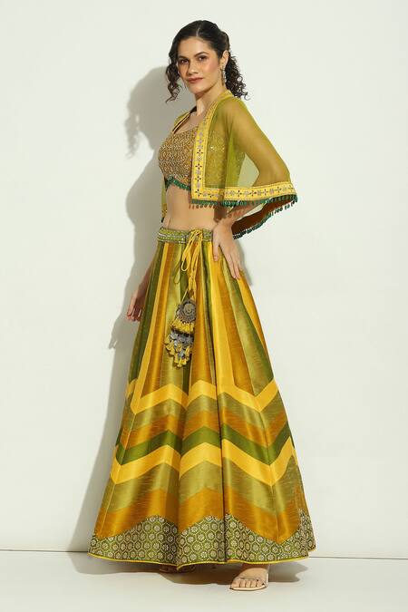 Shop Vandana Sethi Yellow Silk Crystals, Tassels, Mirrors Chevron Pattern Lehenga Set With Shrug Online at Aza Fashions Shop_Vandana Sethi_Yellow Silk Crystals, Tassels, Mirrors Chevron Pattern Lehenga Set With Shrug _Online_at_Aza_Fashions