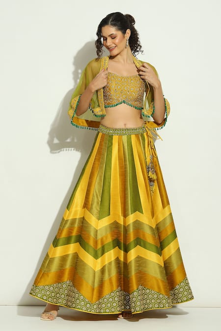 Vandana Sethi Yellow Silk Crystals, Tassels, Mirrors Chevron Pattern Lehenga Set With Shrug at Aza Fashions Vandana Sethi_Yellow Silk Crystals, Tassels, Mirrors Chevron Pattern Lehenga Set With Shrug _at_Aza_Fashions