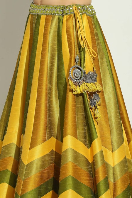 Buy Vandana Sethi Yellow Silk Crystals, Tassels, Mirrors Chevron Pattern Lehenga Set With Shrug Buy_Vandana Sethi_Yellow Silk Crystals, Tassels, Mirrors Chevron Pattern Lehenga Set With Shrug