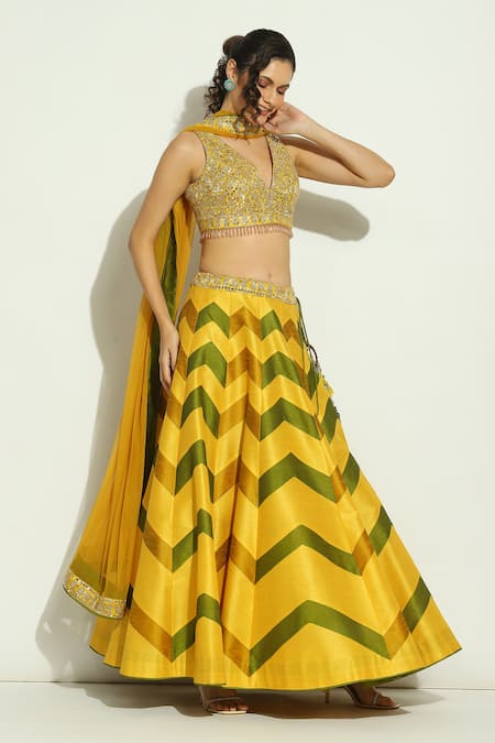 Buy_Vandana Sethi_Multi Color Silk Crystals, Mirrors Multicolor Chevron Embroidered Lehenga Set _Online_at_Aza_Fashions