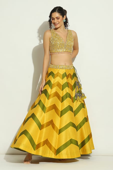 Vandana Sethi_Multi Color Silk Crystals, Mirrors Multicolor Chevron Embroidered Lehenga Set _at_Aza_Fashions