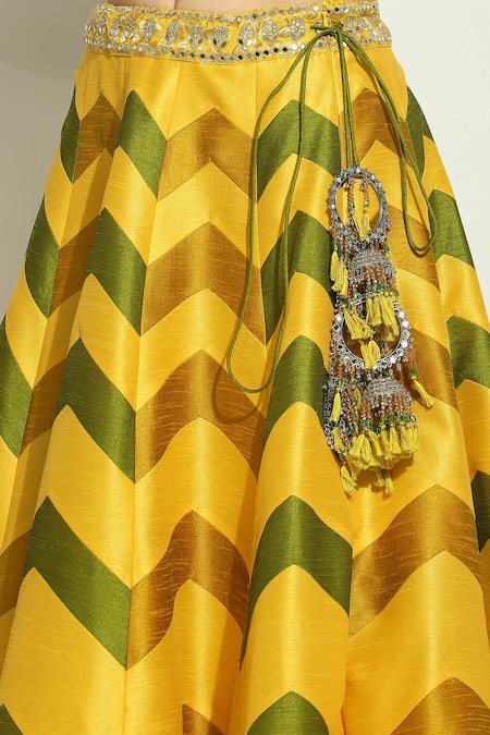 Buy_Vandana Sethi_Multi Color Silk Crystals, Mirrors Multicolor Chevron Embroidered Lehenga Set 