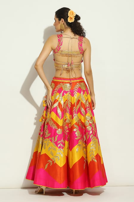 Vandana Sethi_Multi Color Silk, Chiffon Tassels, Gota Chevron Pattern Lehenga Blouse Set _Online_at_Aza_Fashions