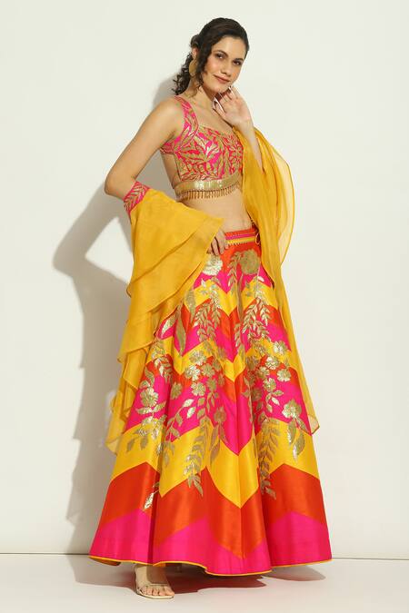 Buy_Vandana Sethi_Multi Color Silk, Chiffon Tassels, Gota Chevron Pattern Lehenga Blouse Set _Online_at_Aza_Fashions