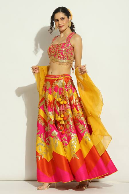 Shop_Vandana Sethi_Multi Color Silk, Chiffon Tassels, Gota Chevron Pattern Lehenga Blouse Set _Online_at_Aza_Fashions