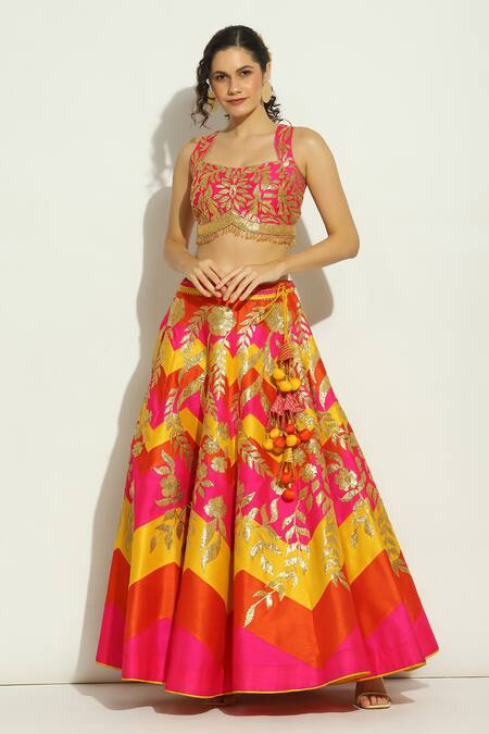 Vandana Sethi_Multi Color Silk, Chiffon Tassels, Gota Chevron Pattern Lehenga Blouse Set _at_Aza_Fashions