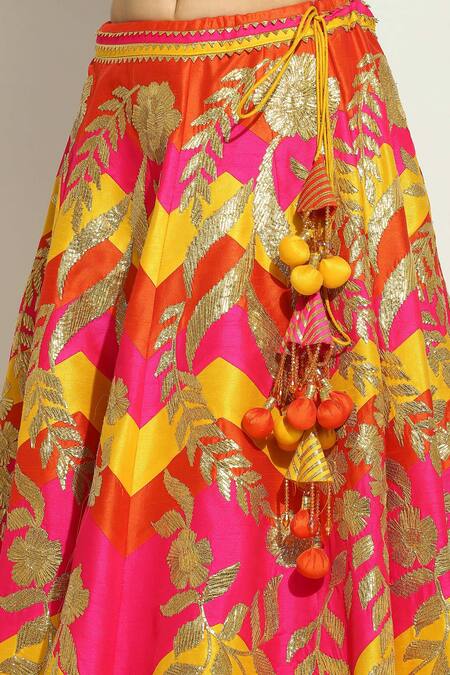 Buy_Vandana Sethi_Multi Color Silk, Chiffon Tassels, Gota Chevron Pattern Lehenga Blouse Set 