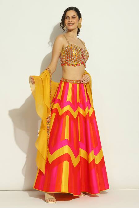 Buy_Vandana Sethi_Multi Color Silk, Chiffon Mirrors, Crystals Chevron Patchwork Lehenga Set _Online_at_Aza_Fashions