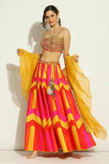 Shop_Vandana Sethi_Multi Color Silk, Chiffon Mirrors, Crystals Chevron Patchwork Lehenga Set _Online_at_Aza_Fashions