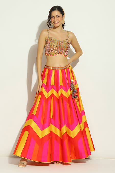 Vandana Sethi_Multi Color Silk, Chiffon Mirrors, Crystals Chevron Patchwork Lehenga Set _at_Aza_Fashions