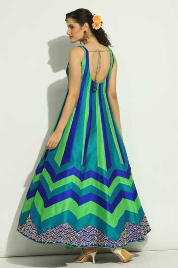 Vandana Sethi Multi Color Silk Mirrors, Chevron Stripe Pattern Anarkali With Dupatta Online at Aza Fashions Vandana Sethi_Multi Color Silk Mirrors, Chevron Stripe Pattern Anarkali With Dupatta _Online_at_Aza_Fashions