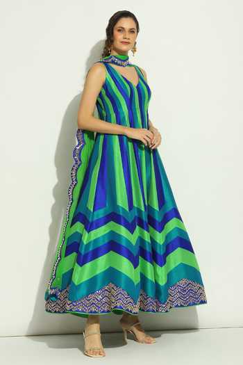 Buy Vandana Sethi Multi Color Silk Mirrors, Chevron Stripe Pattern Anarkali With Dupatta Online at Aza Fashions Buy_Vandana Sethi_Multi Color Silk Mirrors, Chevron Stripe Pattern Anarkali With Dupatta _Online_at_Aza_Fashions